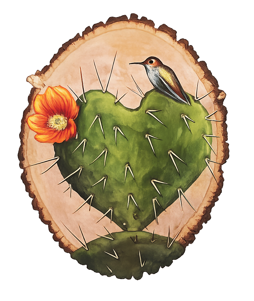 Illustrated heart shaped cactus with hummingbird and blooming flower, decorative accent reflecting Andreina Zamudio's Mexican rooted healing brand