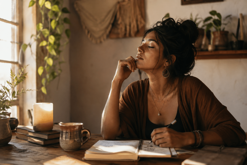 Woman enjoying a peaceful moment while journaling at home