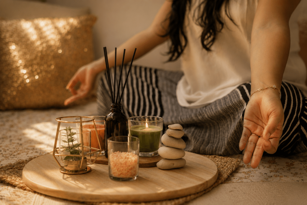 Woman practicing mindfulness and self care at home