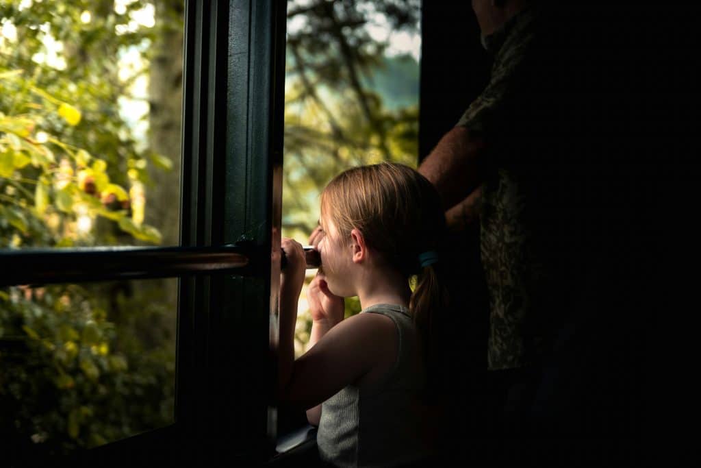 Young girl looking through a train window with an adult standing beside her